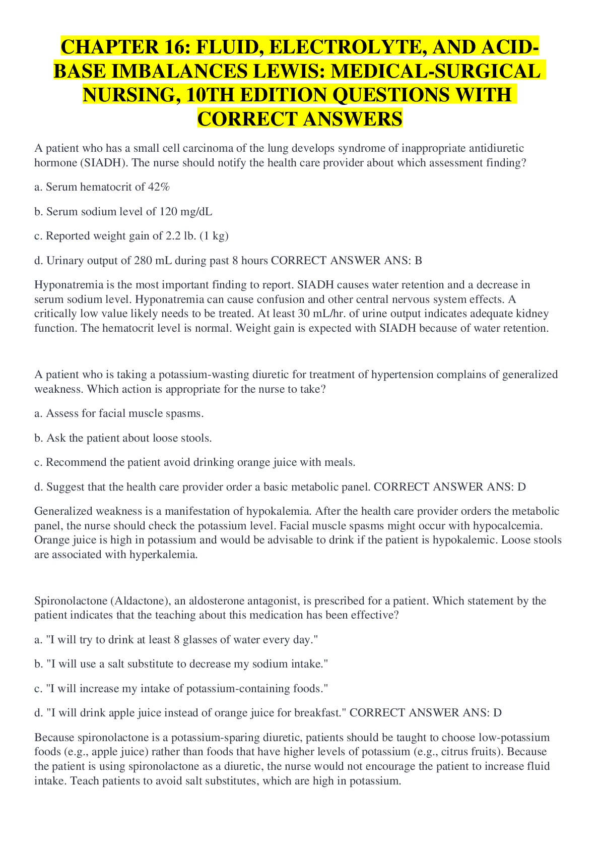 Preview image for CHAPTER 16: FLUID, ELECTROLYTE, AND ACID-BASE IMBALANCES LEWIS: MEDICAL-SURGICAL NURSING, 10TH EDITION QUESTIONS WITH CORRECT ANSWERS